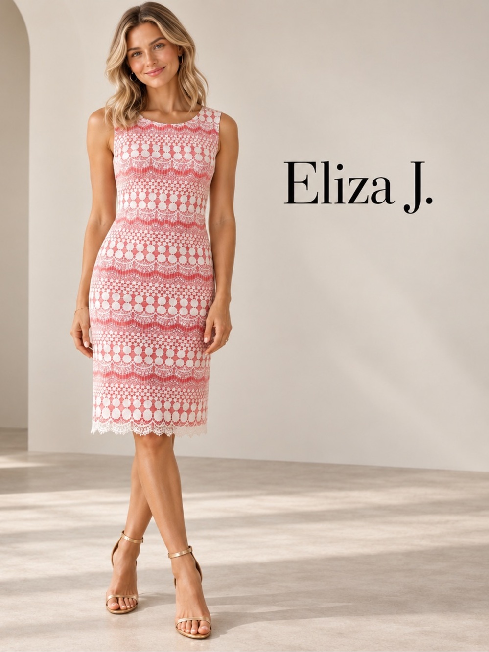 🌸Eliza J Sleeveless Pink Lace Sheath Midi Dress size 8 Preppy Cocktail Evening